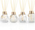 4-Piece Reed Diffuser Set with Metal Golden Decoration, 3.5-4.2oz Empty Bottles and 20 Reed Sticks, Unique Design for Home and Office (4 Different Bottles)