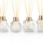 4-Piece Reed Diffuser Set with Metal Golden Decoration, 3.5-4.2oz Empty Bottles and 20 Reed Sticks, Unique Design for Home and Office (4 Different Bottles)