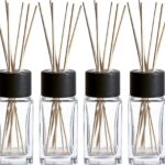 Natural Diffuser Reeds Bottles Sticks | Clear Glass Home Décor for Kitchen and Living Room | Black Wood Caps | Décorative Fragrance Set with Long Lasting Aroma - Set of 4